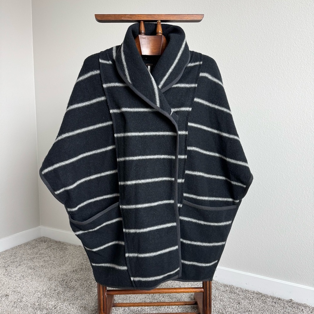 Free People Blanket Cape Coat XS Black Gray Striped Wool Blend Oversized Poncho